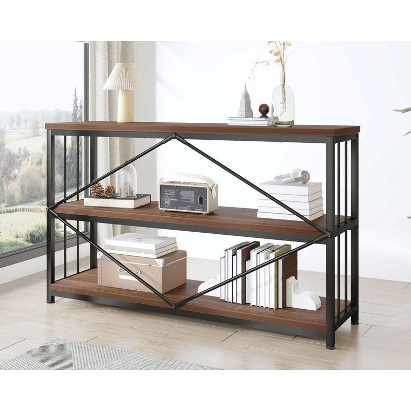 3-Tier Industrial Bookshelf With Wood And Metal Shelves, Rustic Low Wide Bookcase For Large Open Storage, Farmhouse Display Shelf For Home Office Living Room Kitchen