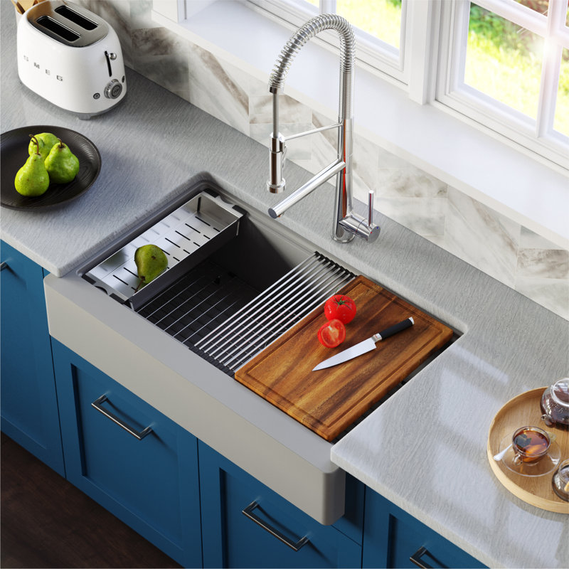 Karran Quartz 34'' X 21-1/4'' Single Bowl Retrofit Farmhouse Apron Front Workstation Kitchen Sink, Gray