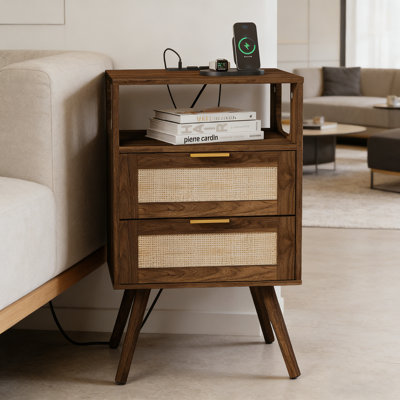 Rattan Nightstand With Charging Station, Farmhouse Night Stand With 2 Storage Drawer & Solid Wood Legs