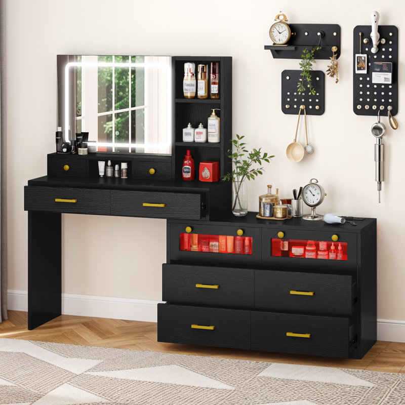 Bureau de coiffeuse à DEL avec éclairage RVB et miroir réglable, Noir, noir, noir, noir