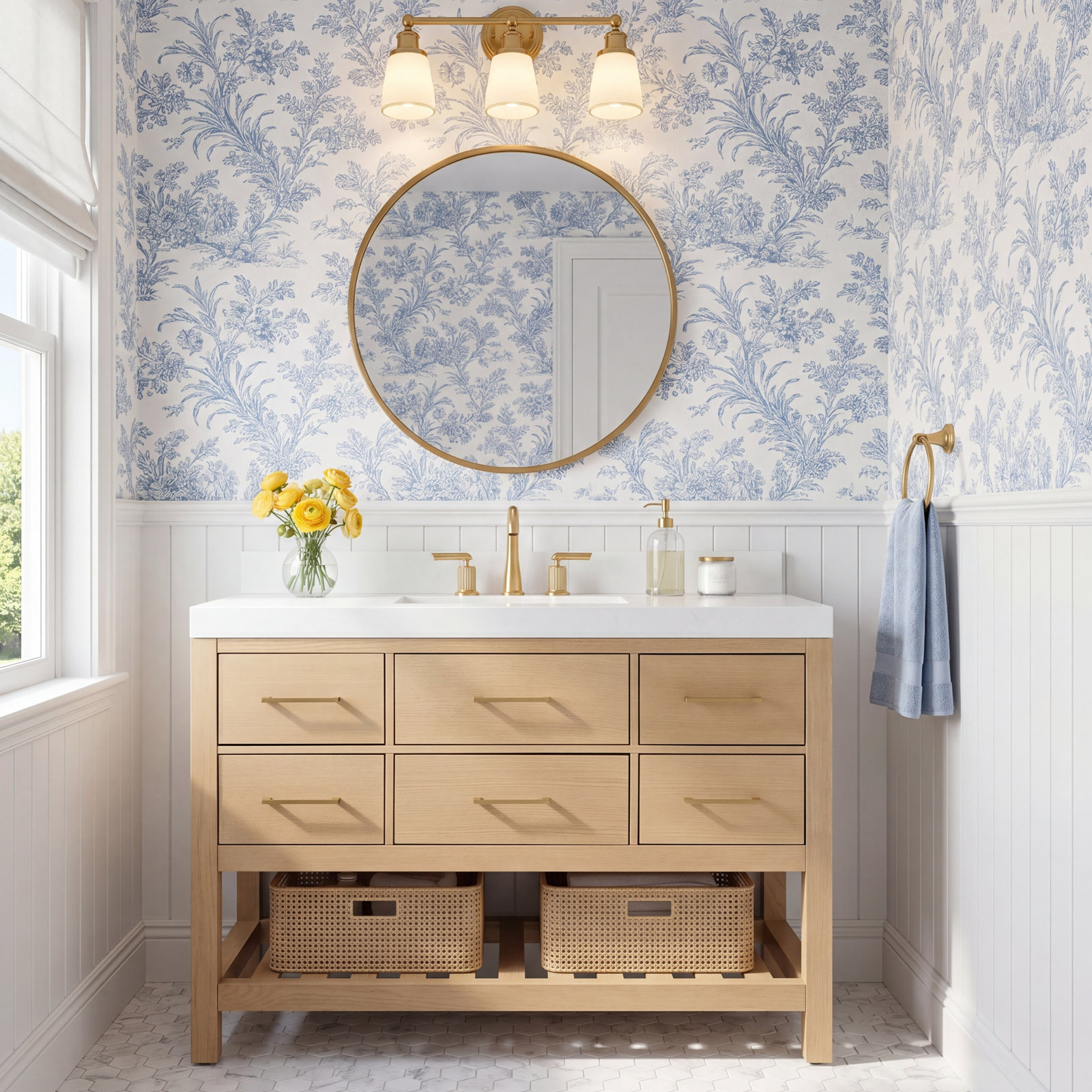 Carrie 48'' Single Bathroom Vanity, Oak/Rose Gold, Pure White Quartz