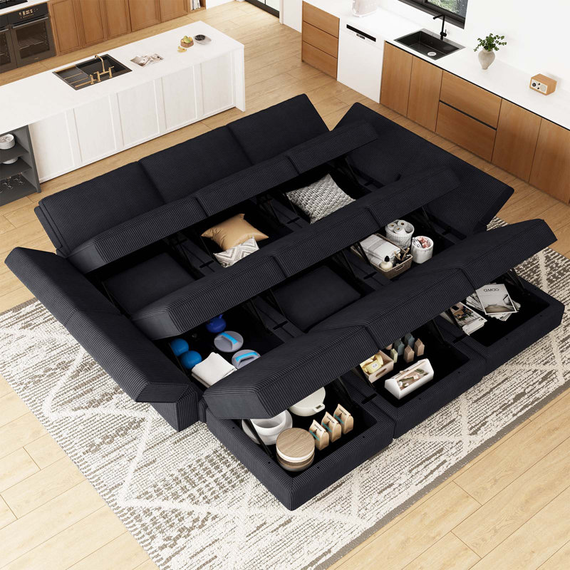 Neemi Upholstered Sectional, Black Corduroy
