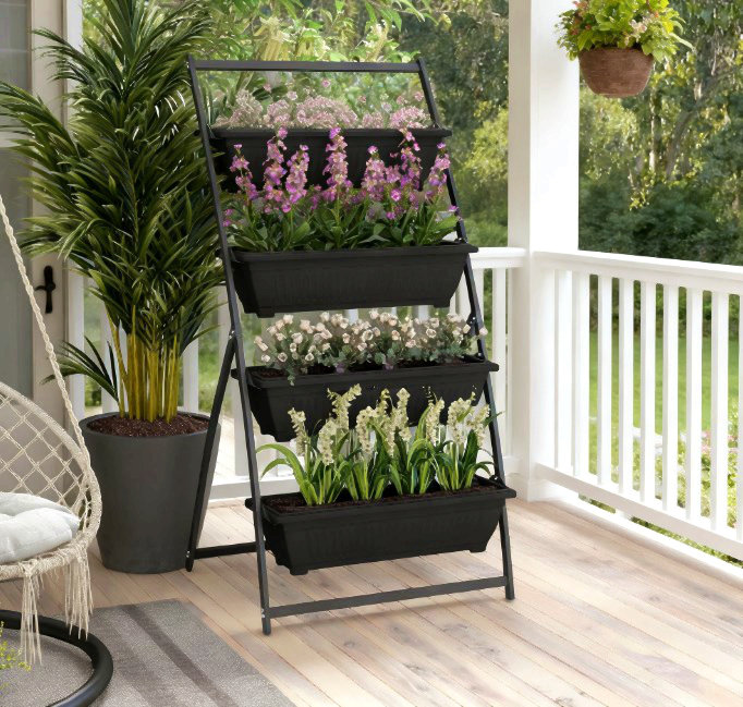 Outdoor Plant Stand Grow Container For Vegetable & Flowers,4-Tier Vertical Raised Garden Planter With 4 Boxes, Noir