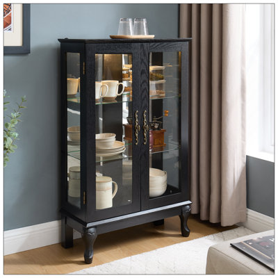 Vitrine avec portes en verre trempé, vitrine éclairée avec panneau arrière en miroir et tablettes réglables pour la maison ou le bureau (ampoule incluse) - Noir