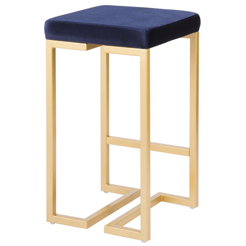 Contemporary Glam 27" Gold Metal Counter Stool with Blue Velvet Cushion