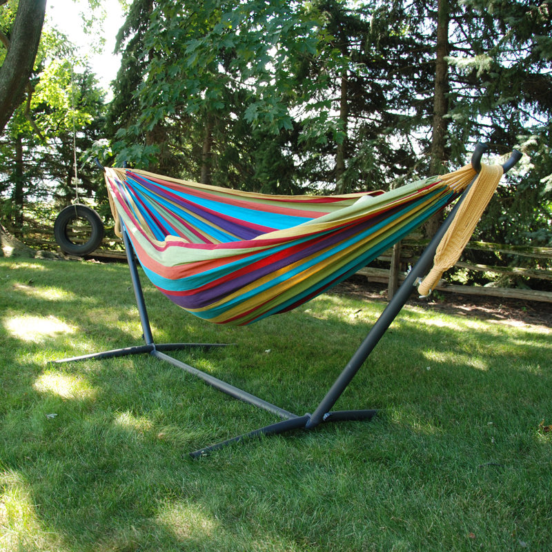 Vivere Double Cotton Hammock, Comfortable Daybed with Steel Stand, 9', Tropical, Tropical Stripes, Black