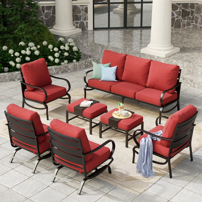 Tapasi 9 - Person Patio Conversation Set with Rocking Lounge Chairs & Optional Firepit Table, Red, No