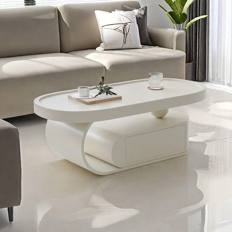 Modern simple oval shaped coffee table, White, 16.5" H x 51.2" L x 27.6" W, White