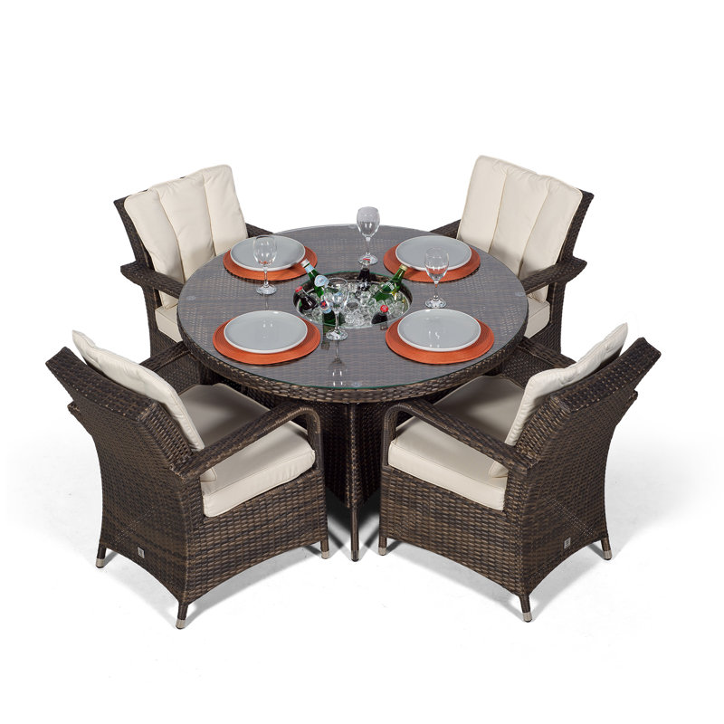 Karas 4 Seater Dining Set with Cushions and Parasol, Brown