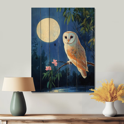 Floral Owl In The Moonlight II - Owl Animal Wood Wall Art - On Natural Pine Wood