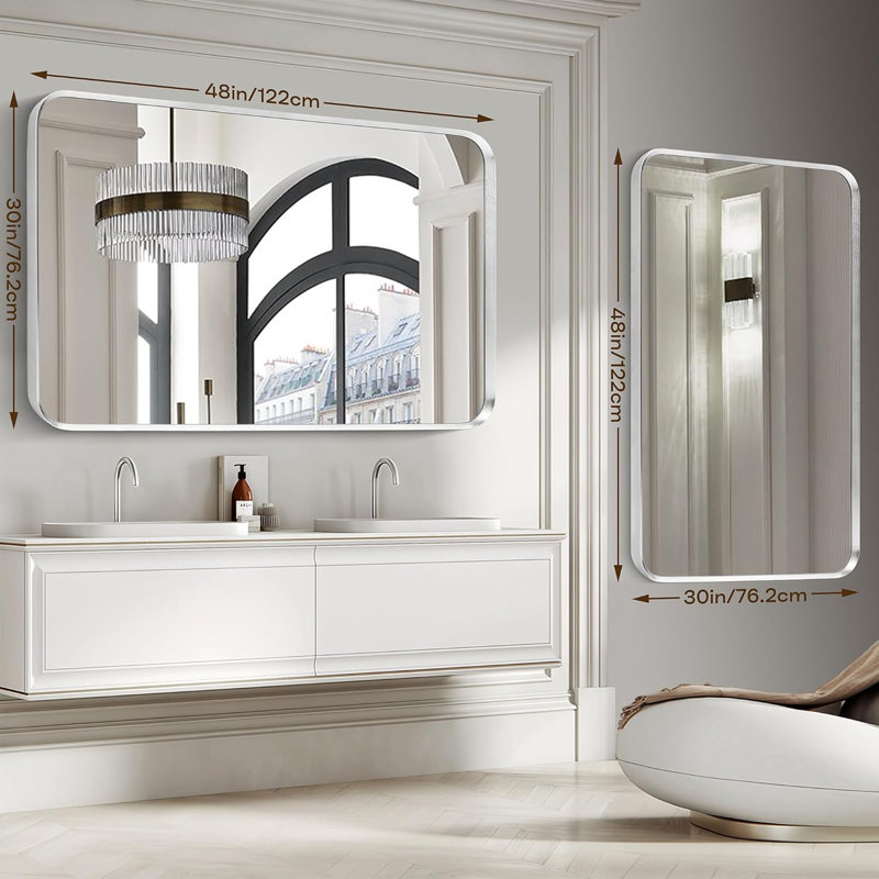 Miroir mural de salle de bain en nickel brossé, grand miroir rectangulaire de coin arrondi avec cadre en métal argenté, verre trempé, incassable, suspension horizontale ou verticale (30 po x 48 po, argent)