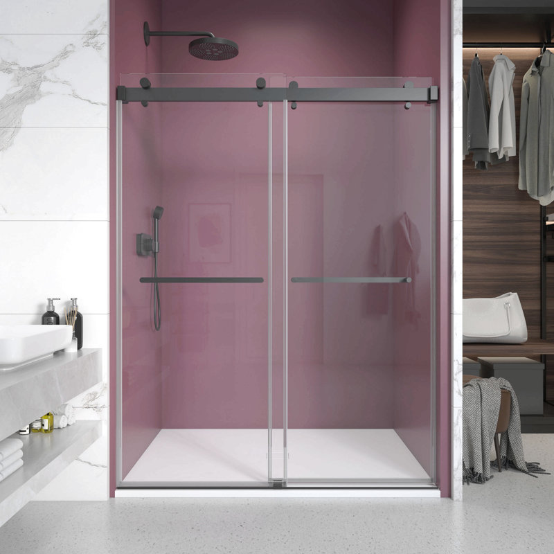 Double porte de douche coulissante sans cadre avec verre transparent de 3/8 pouce (10 mm), Noir mat
