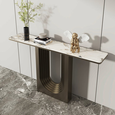 39.37" Black Rectangular Sintered Stone;Stainless Steel Console Table
