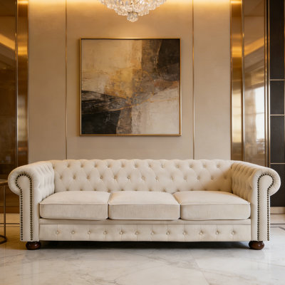88.5" Chesterfield Sofa with Linen Fabric, Solid Wood Frame & Foam Cushions
