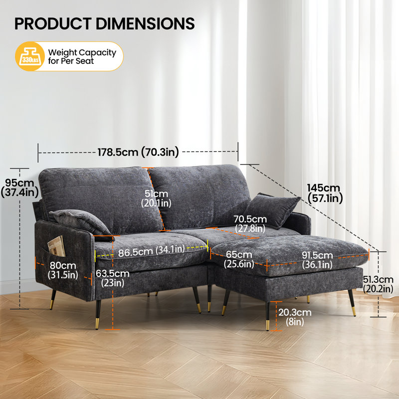 70.3" Chenille Upholstered Loveseat With Chaise, 2-Seater Sofa Couch With Ottoman And Pillows, Dark Gray