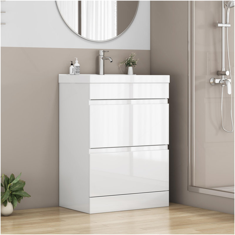 Ensemble de meuble-lavabo 24 po avec lavabo, meuble-lavabo à 2 tiroirs, armoire de salle de bain autoportante à assemblage rapide, système de fermeture en douceur, cuve en céramique à bords épais unique, conception sans poignée, blanc brillant