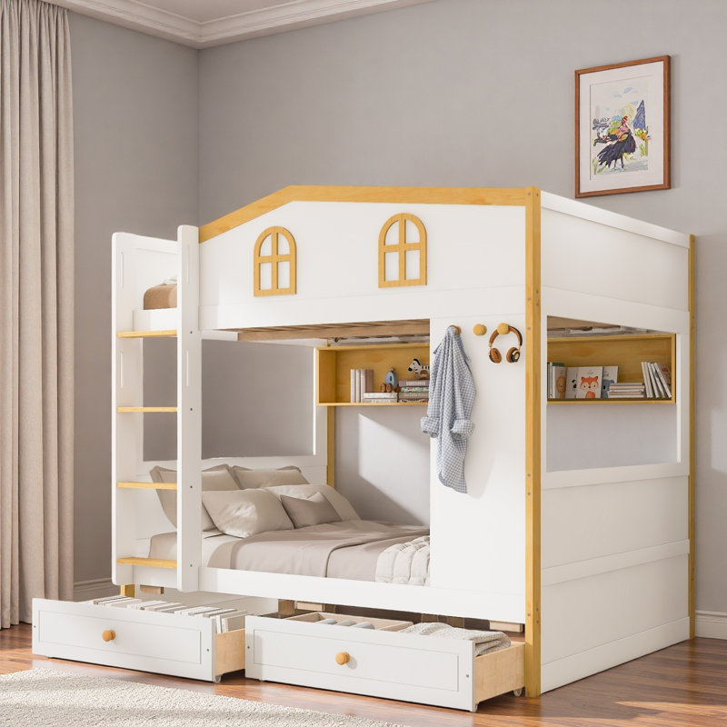 Lit superposé avec garde-corps en forme de maison, tablettes de rangement et tiroirs, Lit superposé double sur double