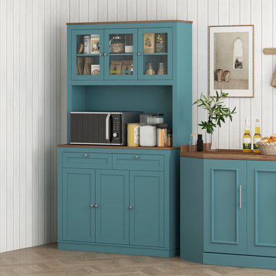 Garde-manger 71 po avec support à micro-ondes, huche de cuisine avec 2 tiroirs et tablettes réglables 71 po, vert