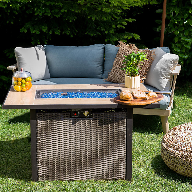 42" 50,000 BTU Rattan Propane Fire Pit Table with Hidden Tank Storage, Blue Glass Beads,& Lid
