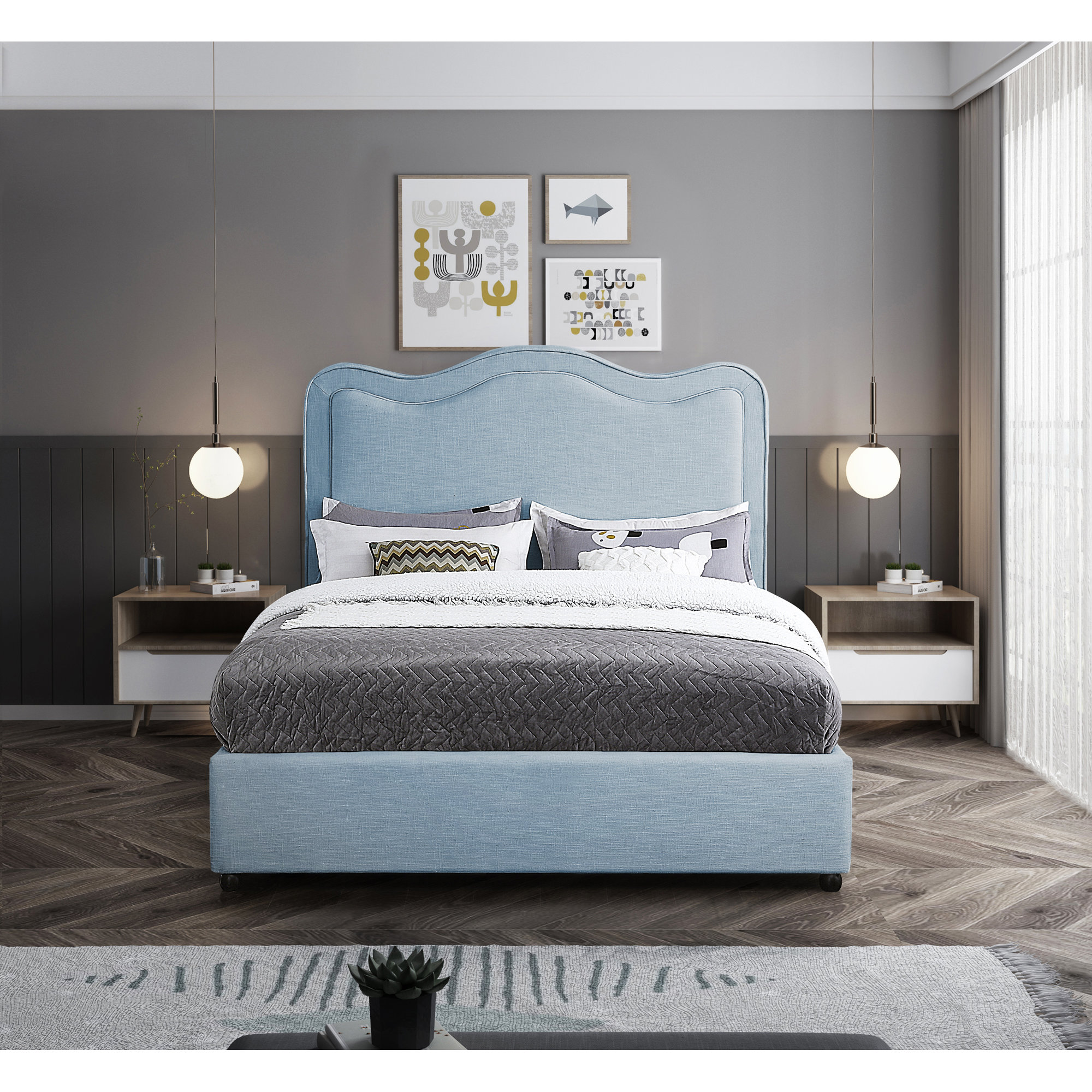 Upholstered Scalloped Bed, Full/Double, Light Blue Performance Linen