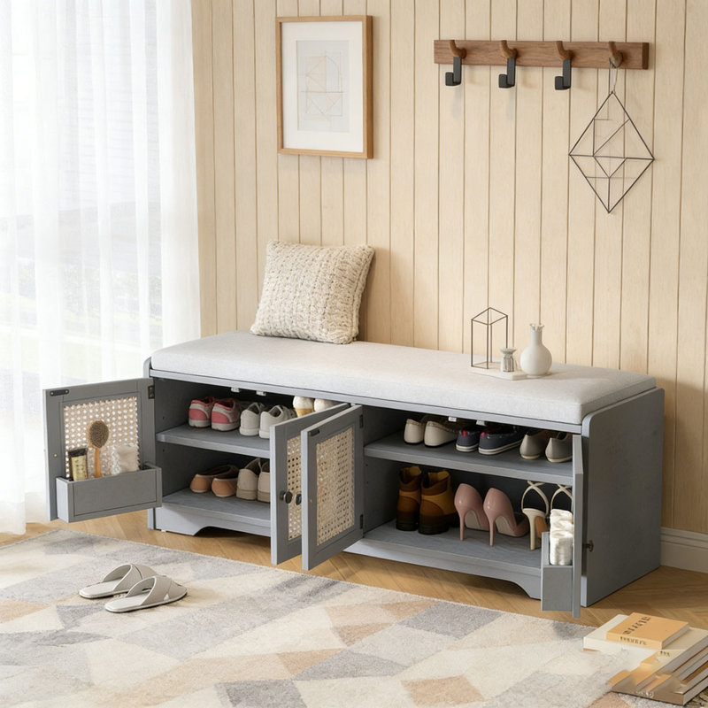 Banc de rangement Banc de rangement pour chaussures en bois multifonctionnel avec coussin amovible, portes en rotin tissé et tablettes réglables