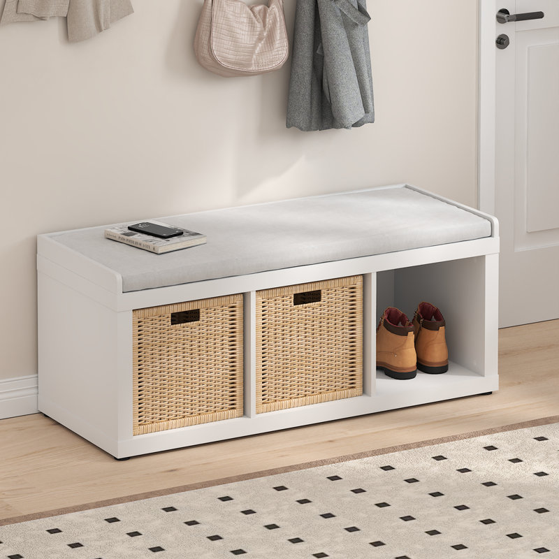  Cubicle 3-Cube Storage Bench with Comfy Cushion for Entryway, Living Room, White