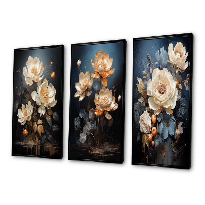 «Harmony Mystique Lotus», ensemble d'art mural sur toile de lotus, lot de 3, Cadre flottant noir, H 28 po x l 36 po