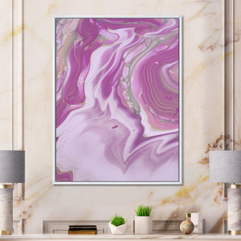«Pink Marble Waves I», peinture sur toile, H 32 po x l 16 po x P 1 po, Cadre flottant blanc