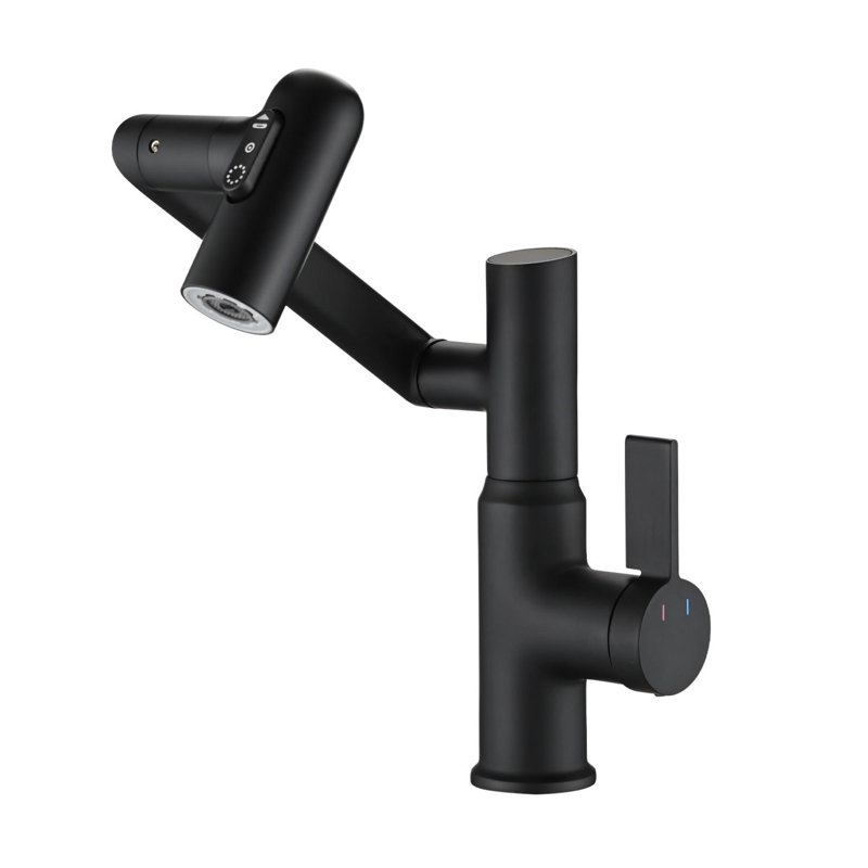 Bathroom sink mixer with spray function and temperature display for non-slip switch and hot/cold and 360° swivel, Matte Black