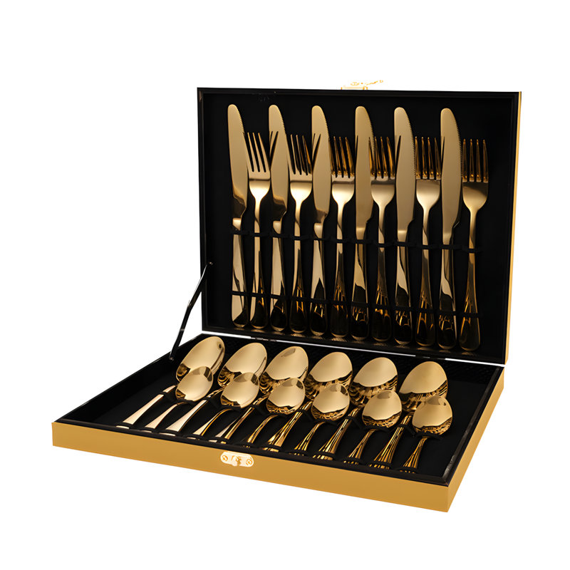 Ensemble de couverts en acier inoxydable 24 pièces avec boîte en bois doré, ensemble de couverts pour 6 personnes