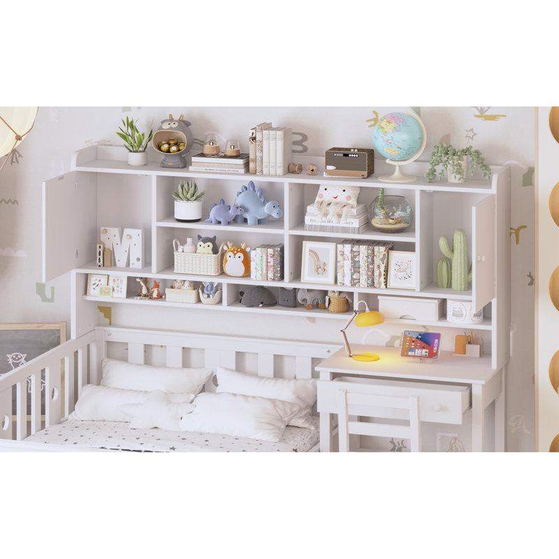 Space-saving White Wooden Twin Bed With Desk & Bookshelf For Modern Bedrooms