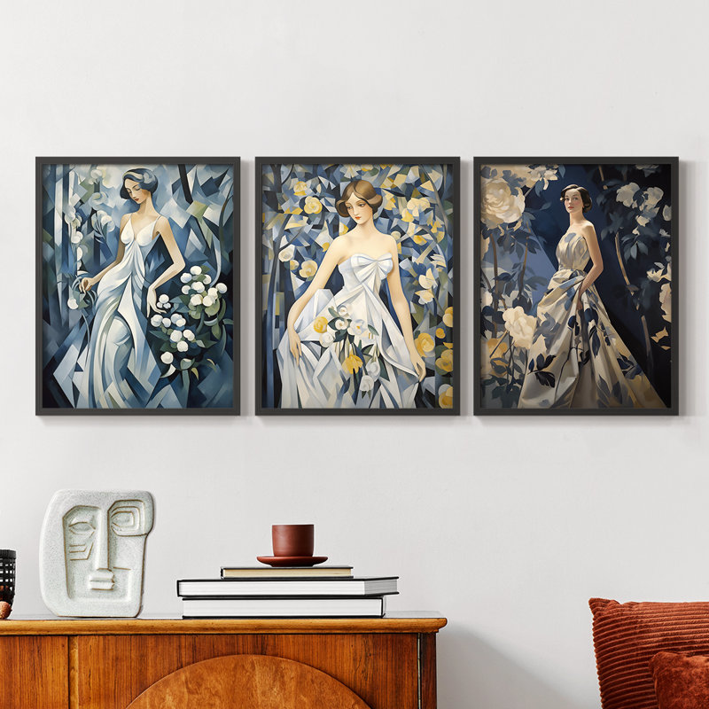 Feminine Series CXIII  -Set Of 3 Framed Giclee Prints -Ready to Hang, 14" H x 11" W, Black
