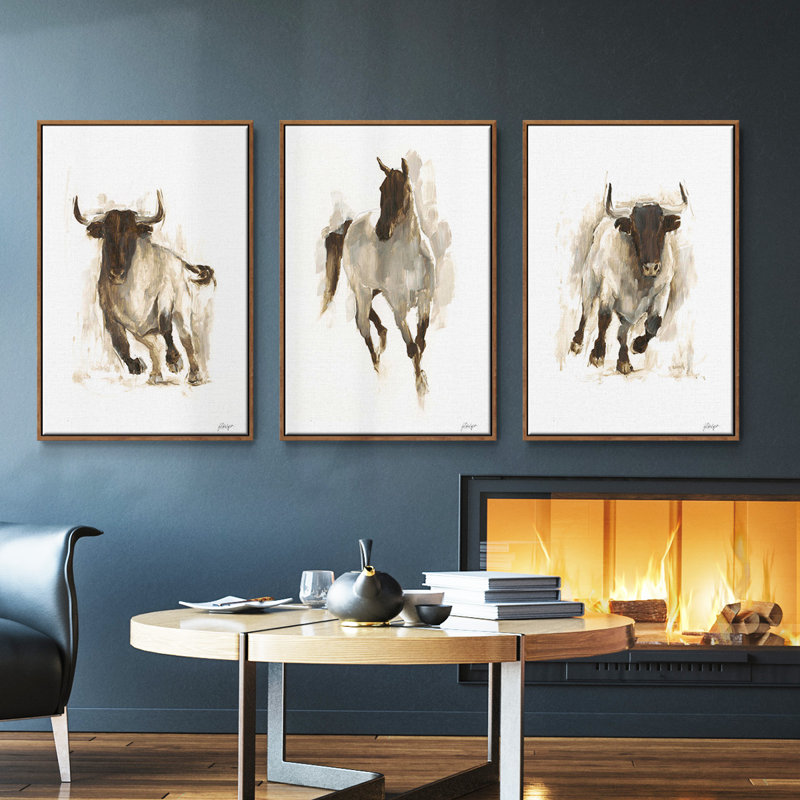 Rustic Bull II, ensemble de 3 toiles encadrées sur toile, H 36 po x l 72 po, Noyer