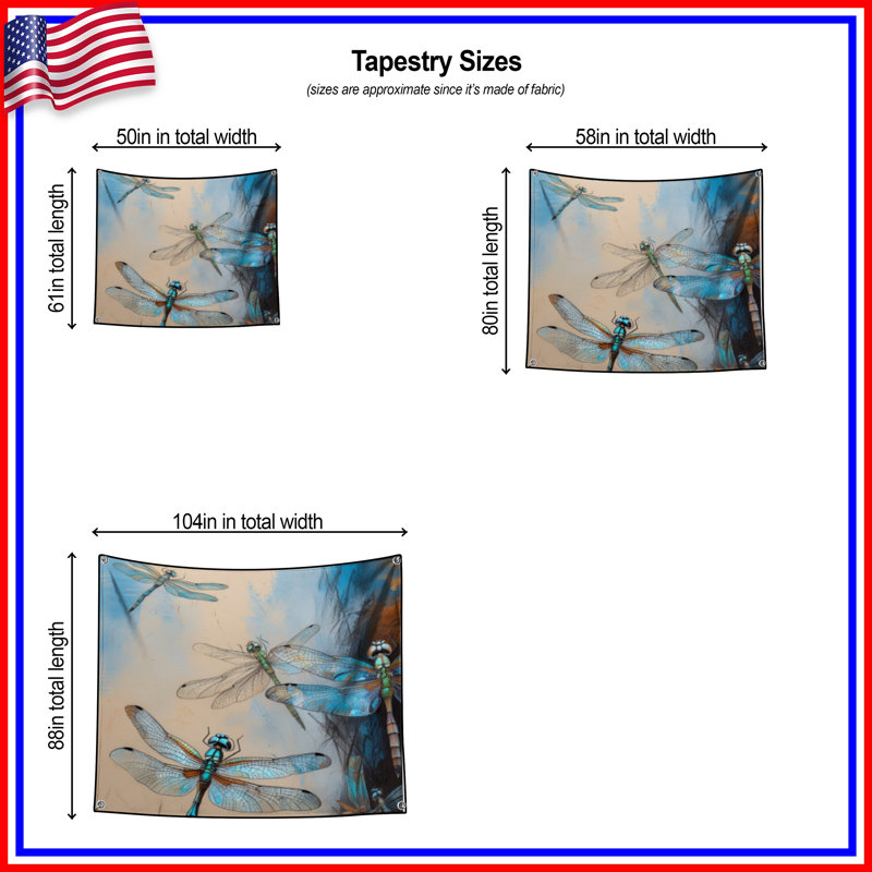 Tapisserie murale «Blue Dragonflies Illustration» - décoration murale libellules, 104in H x88 with 4 Grommets