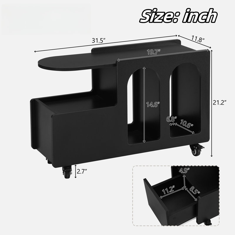 Mobile End Table With Lockable Wheels, A Drawer And Raised Tabletop Edge, Black