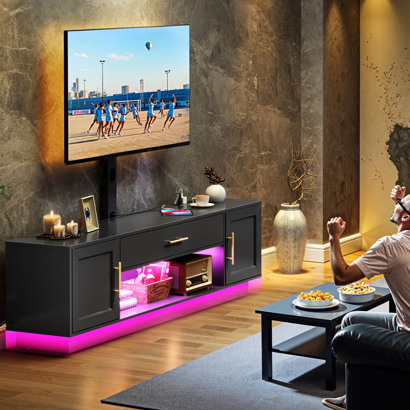 Meuble télé avec support pivotant et prise de courant, centre de divertissement à DEL pour téléviseur, Noir