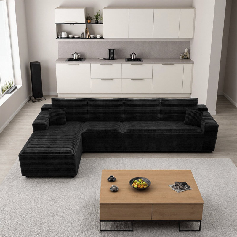Canapé modulaire moderne en velours côtelé moelleux, noir | Aucun assemblage requis | Chaise longue Instant Comfort