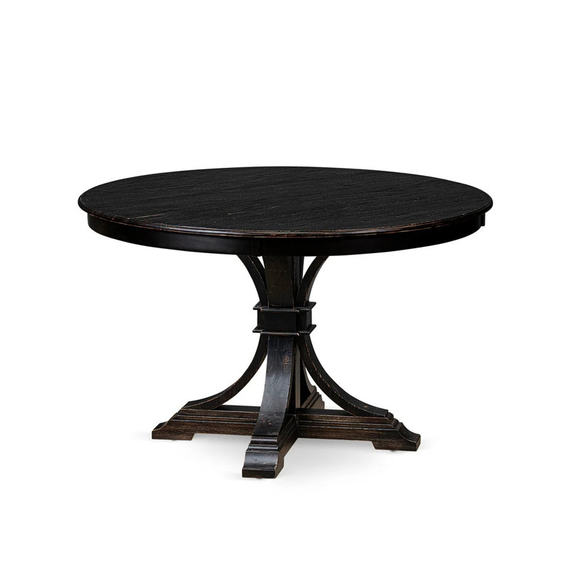 L'ensemble de table de salle à manger 5 pièces comprend une table ronde de 48 po avec piédestal et 4 chaises rembourrées bleu marine, noir sablé