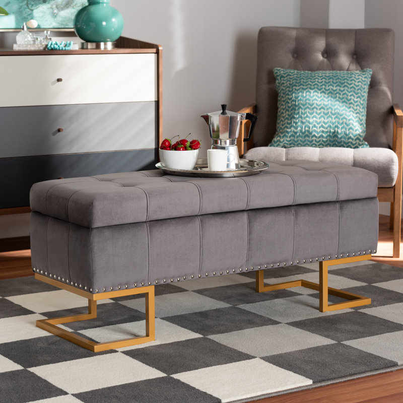 Velvet Tufted Rectangle Solid Colour Ottoman with Storage, Grey