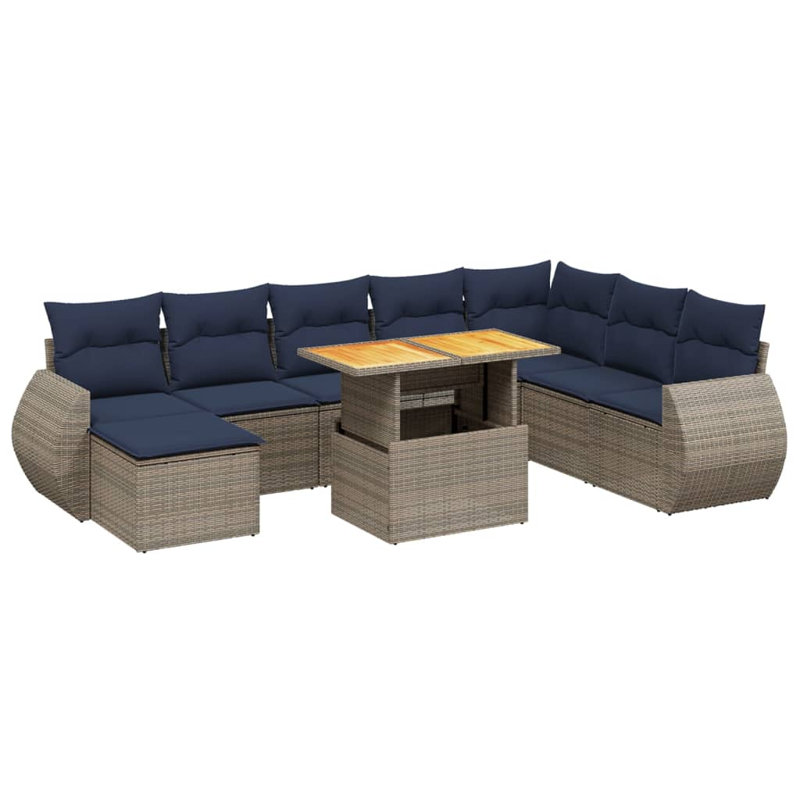  Ensemble de canapé de patio 9 pièces avec coussins en rotin de polyester, Gris, Bleu