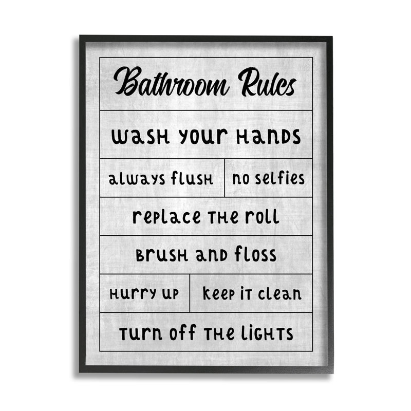 "Bathroom Rules", giclée par CAD Designs, H 14 po x l 11 po x P 1,5 po, Giclée encadrée noir minuit