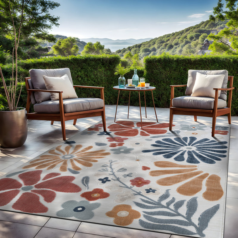 Tapis floral d'intérieur pour l'extérieur, White, Rectangle 8' x 10'
