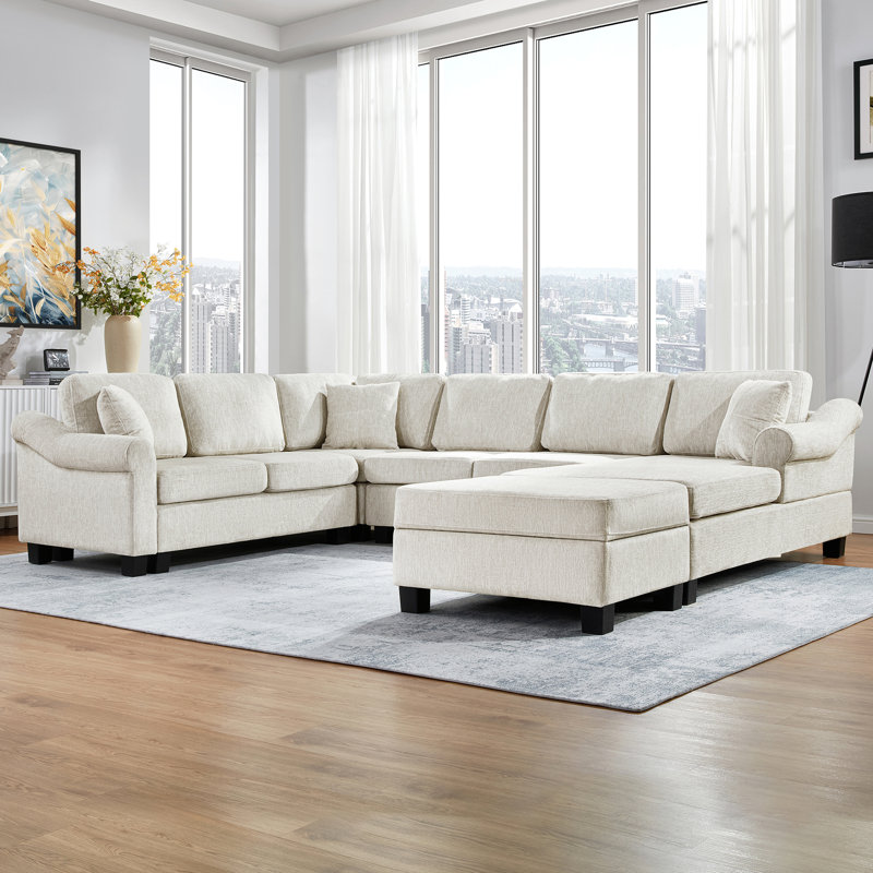 111.8" U - Shaped White Chenille Sectional With Movable Storage For Living Room, 6 Seats, Rolled Arms And Foam Filled Seating In Soft Padding