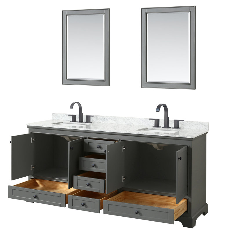 Deborah 79.75'' Double Bathroom Vanity with Marble Top, Dark Gray, Matte Black