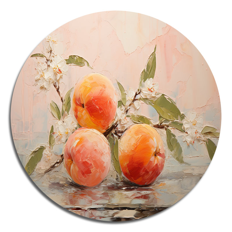 Fruit abstrait pêche - nourriture et boissons, art en métal rond, H 16 po x l 16 po