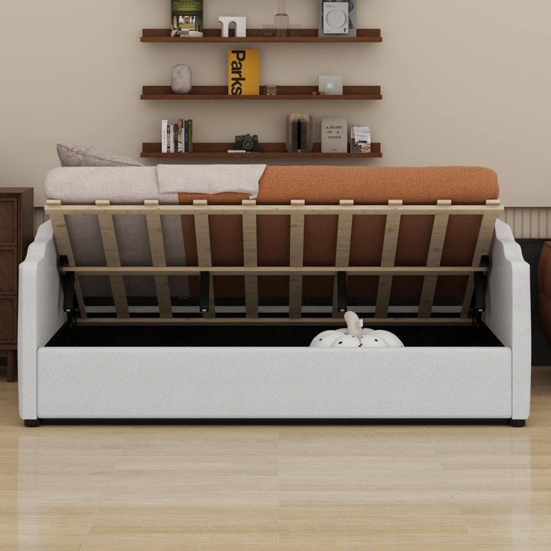 Lit de jour rembourré avec rangement inférieur, Beige, Lit double