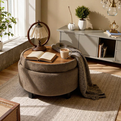 25-Inch Round Tufted Storage Ottoman With Tray, Multi-Functional Footrest & Side Table For Living Room