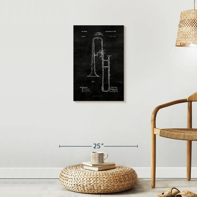 " Slide Trombone BW Patent " by Patent Hunter, 24" H x 16" W x 1.25" D
