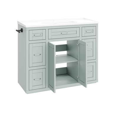 Meuble-lavabo autoportant de 122 cm avec lavabo en céramique, 6 tiroirs (3 de chaque côté), tiroir central rabattable, portes doubles à fermeture amortie, porte-serviettes réversible
