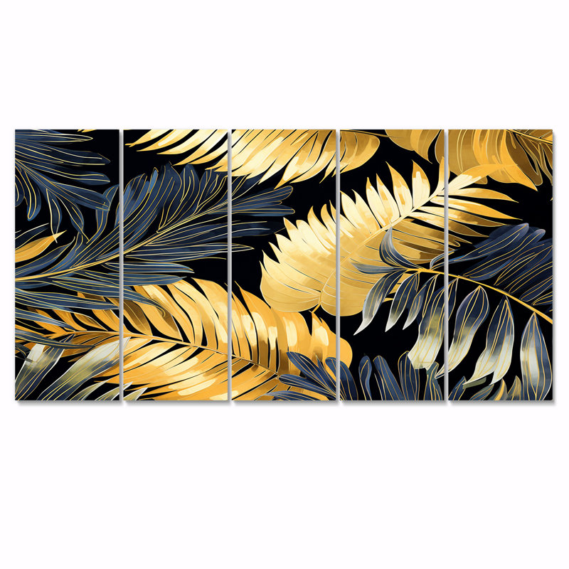 Or et bleu feuilles de palmier glamour - feuilles, art mural sur toile 5 pièces, H 28 po x l 60 po